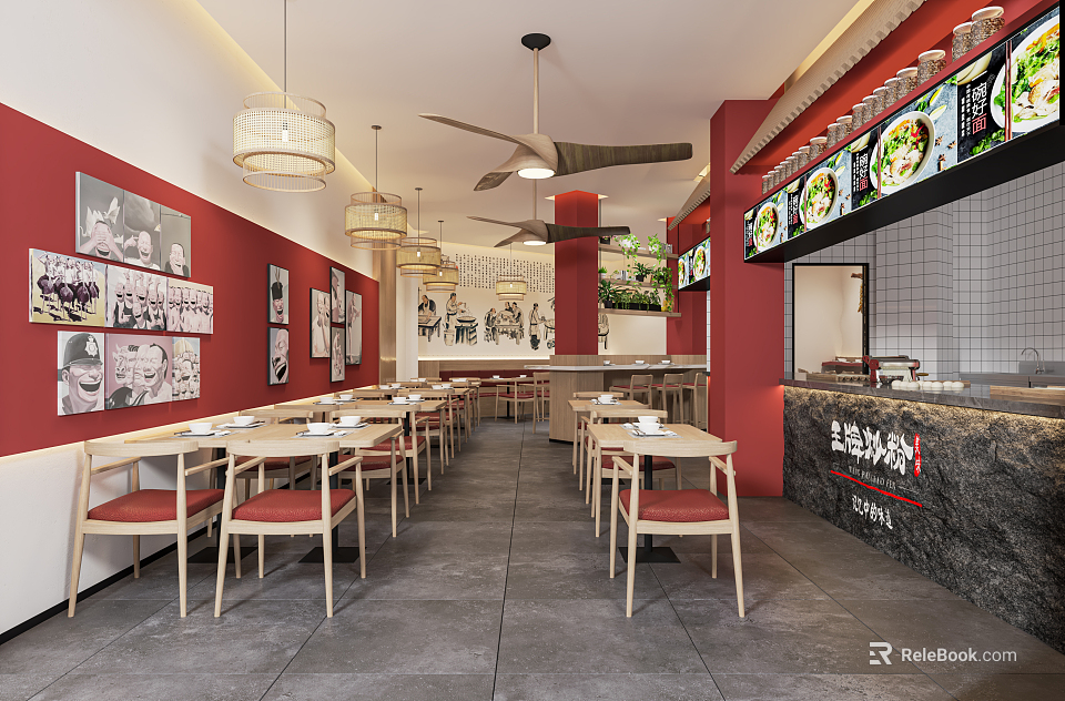 Casual Restaurant Interior Design With Red Walls Tables Chairs Pendant Lights And Order Counter 3d model 