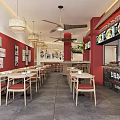 Casual Restaurant Interior Design With Red Walls Tables Chairs Pendant Lights And Order Counter