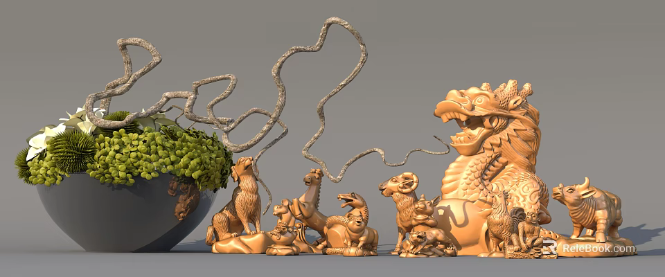 Decorative Ornament Set With Dragon Sheep Camel Statues Vine And Green Plants In Dark Pot 3d model 