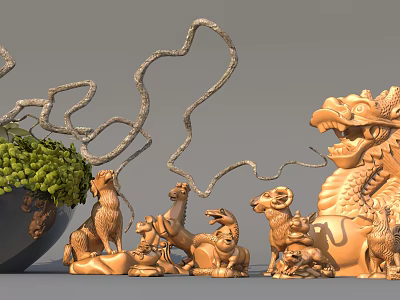 Decorative Ornament Set With Dragon Sheep Camel Statues Vine And Green Plants In Dark Pot 3d model