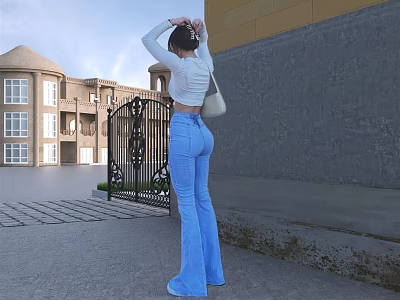 Outdoor Woman In White Top Blue Flared Jeans Beige Bag By Building Black Iron Gate 3d model
