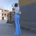 Outdoor Woman In White Top Blue Flared Jeans Beige Bag By Building Black Iron Gate