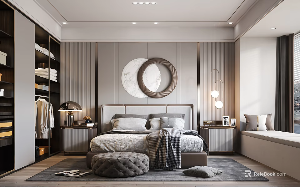 Modern Bedroom Interior Design With Round Mirror Large Bed And Bedside Tables 3d model 