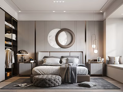 Modern Bedroom Interior Design With Round Mirror Large Bed And Bedside Tables 3d model
