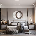 Modern Bedroom Interior Design With Round Mirror Large Bed And Bedside Tables