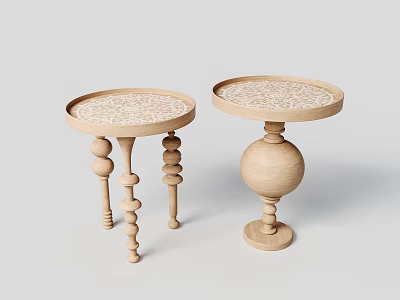 Set of Two Wooden Side Tables With Round Decorative Patterned Tabletop And Distinctive Bases 3d model