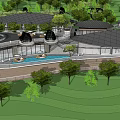 Modern Boutique Hotel Buildings With Green Lawns Trees And Water Features