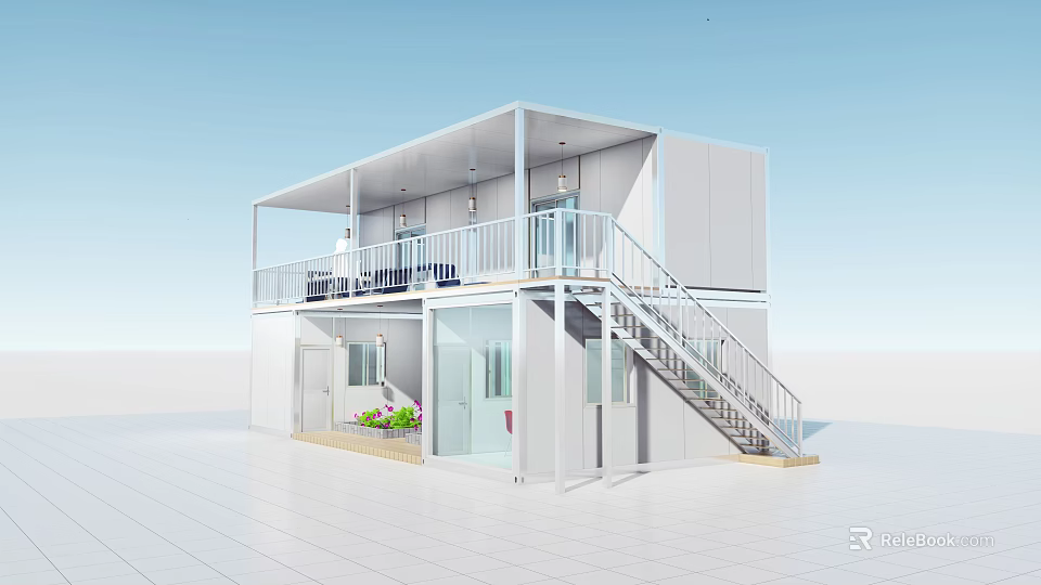 Two Story Container Building Design With Balcony Staircase Glass Doors And Green Plants 3d model 