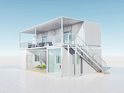 Two Story Container Building Design With Balcony Staircase Glass Doors And Green Plants 3d model