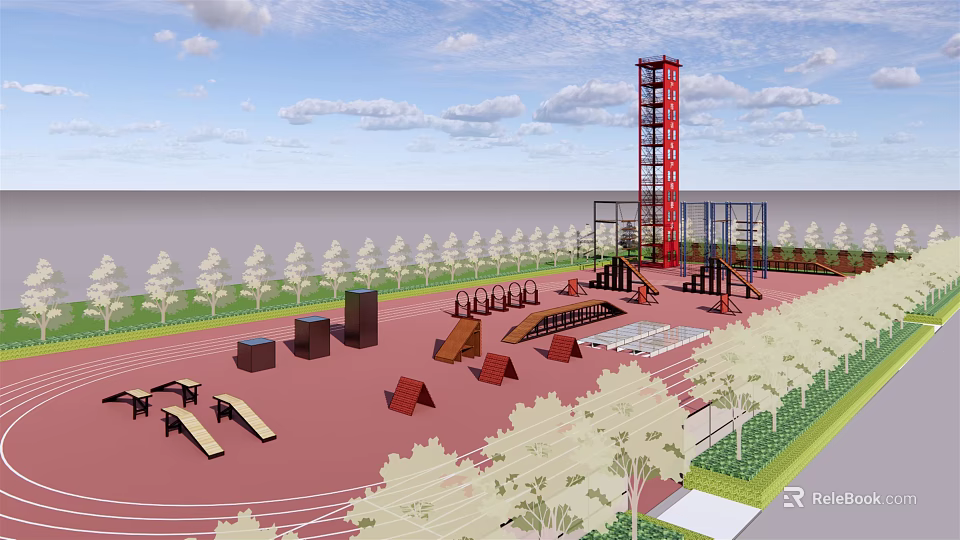Outdoor Obstacle Training Area With Red Surface Climbing Tower Obstacles And Trees Near Ocean 3d model 