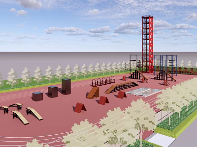 Outdoor Obstacle Training Area With Red Surface Climbing Tower Obstacles And Trees Near Ocean 3d model