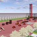 Outdoor Obstacle Training Area With Red Surface Climbing Tower Obstacles And Trees Near Ocean