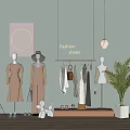 Fashion Show Clothes Hangers with Mannequins Shoes Bags and Plant