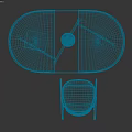 Oval Brown Dining Table with Blue Book Red Fruit Bowl Perforated Panel Beside Green Chair