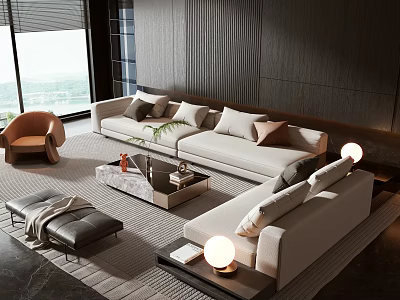 Modern Sofa And Coffee Table Set With Throw Pillows And Area Rug In Living Room 3d model