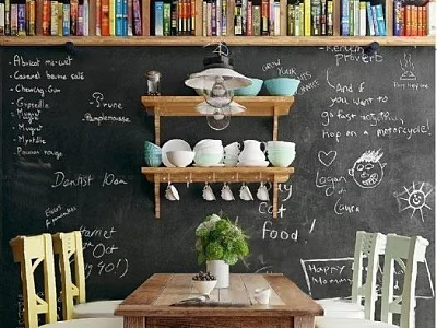 Cozy Dining Table Set With Chalkboard Wall Wooden Shelves And Green Plant 3d model