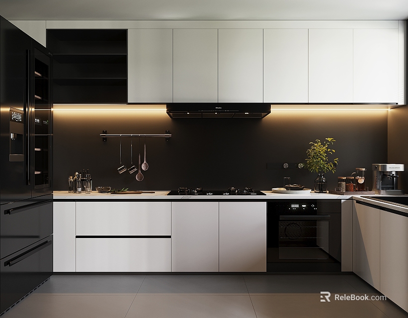 Modern Kitchen Interior Design With White Cabinets Black Backsplash And Appliances 3d model 