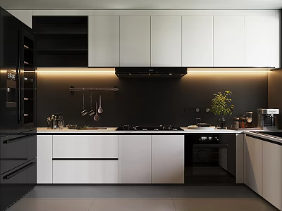 Modern Kitchen Interior Design With White Cabinets Black Backsplash And Appliances 3d model