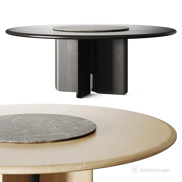 Modern Round Dining Table With Marble Top And Black Wooden Column Base Design 3d model