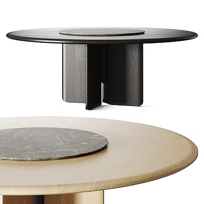 Modern Round Dining Table With Marble Top And Black Wooden Column Base Design 3d model