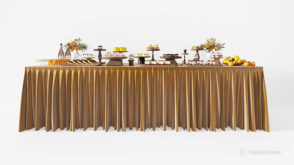 Elegant Coffee Break Area With Long Table Golden Tablecloth Desserts Fruits Drinks And Flower Arrangements 3d model 