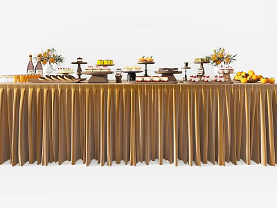 Elegant Coffee Break Area With Long Table Golden Tablecloth Desserts Fruits Drinks And Flower Arrangements 3d model