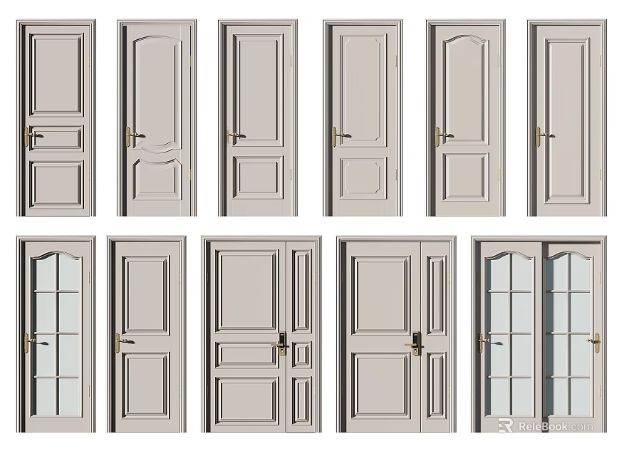 Various Light Colored Hinged Doors With Glass Panels And Panel Designs 3d model