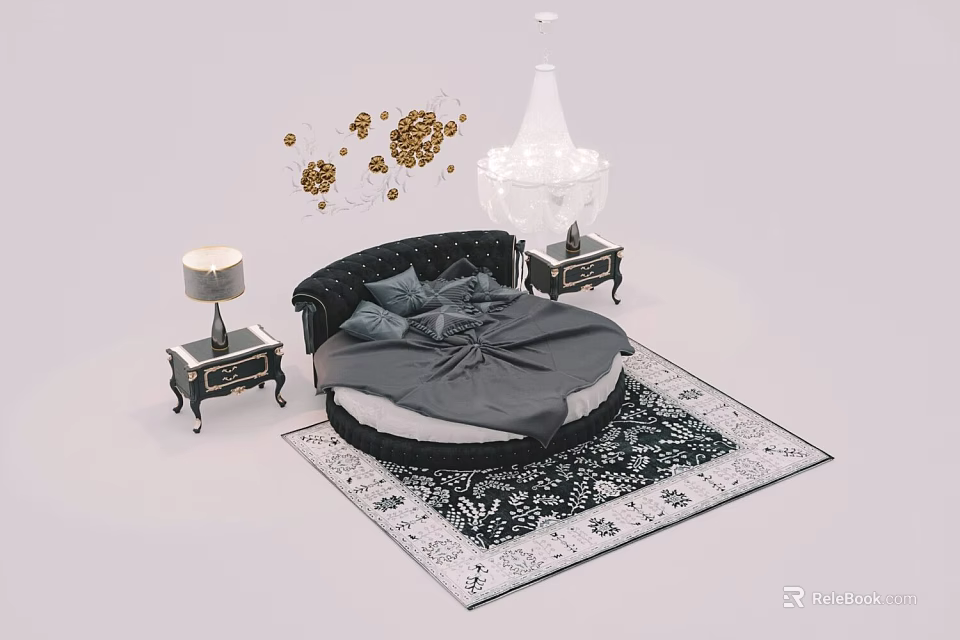 Elegant Round Bed with Black Frame Gray Bedding Bedside Tables and Gold Wall Decorations 3d model 