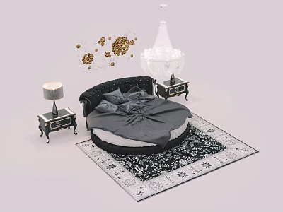 Elegant Round Bed with Black Frame Gray Bedding Bedside Tables and Gold Wall Decorations 3d model