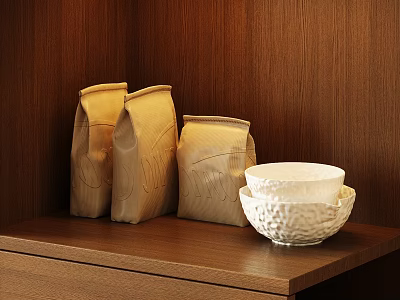 Three Food Storage Bags And Ceramic Bowls On Wooden Cabinet 3d model