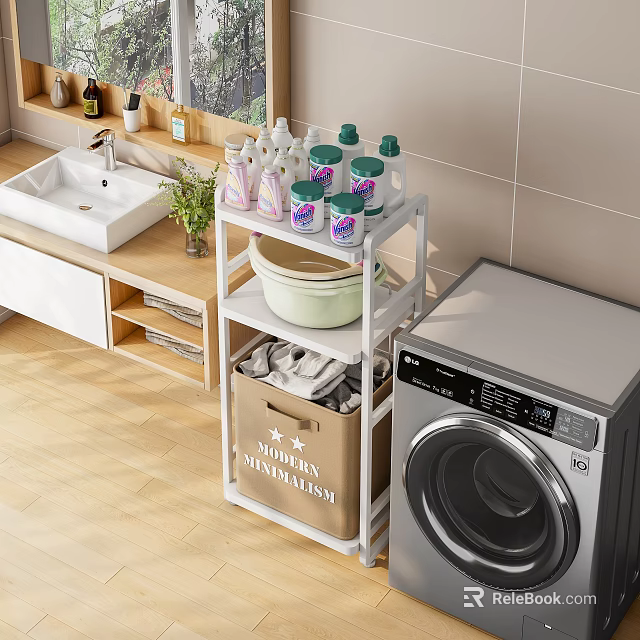White Multi Tiered Bathroom Storage Rack With Toiletries Storage Basket And Washing Machine 3d model 