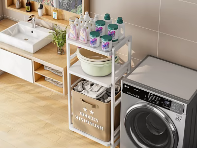 White Multi Tiered Bathroom Storage Rack With Toiletries Storage Basket And Washing Machine 3d model