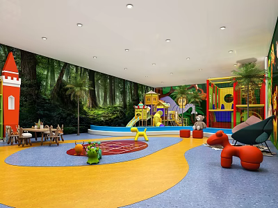 Kids Indoor Playground with Forest Themed Wall Castle Structure Slide Colorful Flooring Toys and Tables 3d model