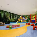 Kids Indoor Playground with Forest Themed Wall Castle Structure Slide Colorful Flooring Toys and Tables