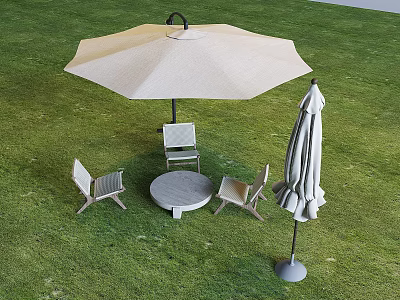 Outdoor Table and Chairs Set on Green Grass with Beige Umbrella and Folded Parasol 3d model