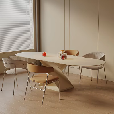 Minimalist Modern White Dining Table Set with Beige Brown Chairs Red Fruits and Window Blinds 3d model