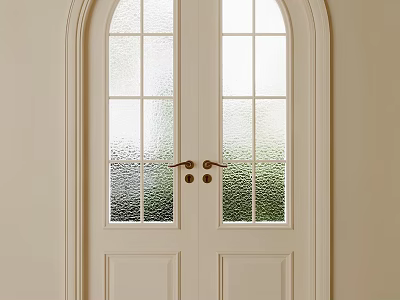 White Double Doors With Arched Top Frosted Glass Panels And Brass Handles For Home Interior 3d model