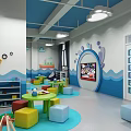 Colorful Kindergarten Interior With Green Tables Colorful Stools Blue Wave Decor And Cartoon TV
