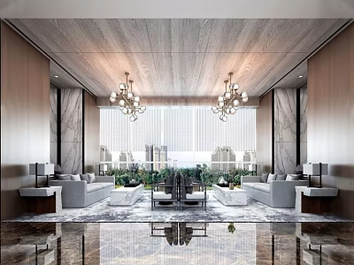 Elegant Hotel Public Lounge Area With Wooden Ceiling Chandeliers Gray Sofas And Green Plants 3d model