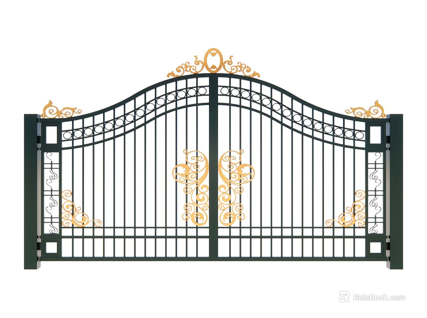 Ornate Black Wrought Iron Double Gate Featuring Intricate Gold Decorative Patterns 3d model 