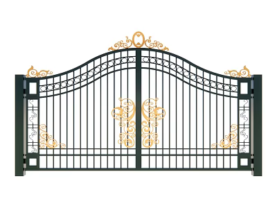 Ornate Black Wrought Iron Double Gate Featuring Intricate Gold Decorative Patterns 3d model