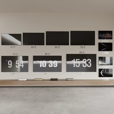 Smart TVs in Various Sizes Showcase Time Display and Screen Quality 3d model