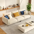 Three Seater Sofa In Modern Living Room With Blue Yellow Pillows Plant And Bookshelf