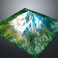 3D Terrain Model of Mountain with Green Vegetation and White Snow-Capped Peak