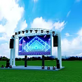 Outdoor Stage With Blue Laser Lights And Large Screen Displaying Geometric Patterns 3d model