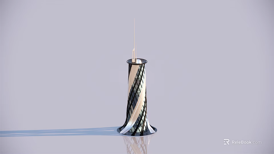 Modern Architectural Tower Design With Spiral Black And White Exterior Sharp Pinnacle And Reflective Base 3d model 
