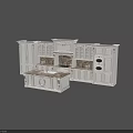 Elegant White Kitchen Cabinets With Carved Details And Marble Island Countertop