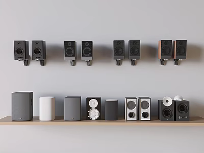Various Modern Headphones and Speakers Mounted on Wall and Displayed on Wooden Shelf 3d model