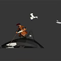 Pirate in Red Hat and Orange Outfit Riding Orca with Seagulls Flying and Water Splashes