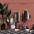 Clothing Rack With Hanging Clothes Accessories Near Decorative Pink Wall Green Plant On Checkerboard Floor